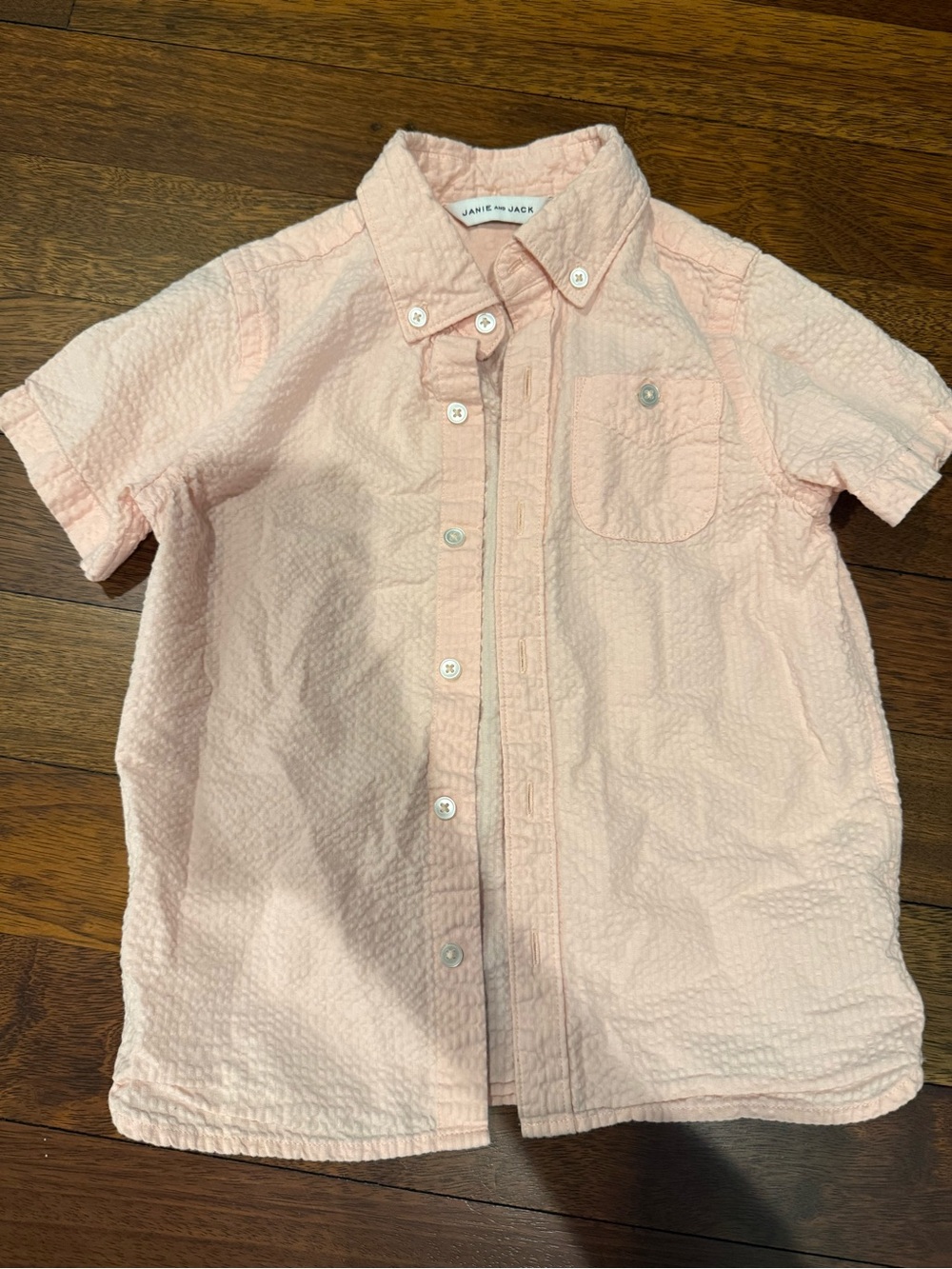 Janie and Jack Pale Pink Seersucker Short-Sleeve Button-Down Sz 5